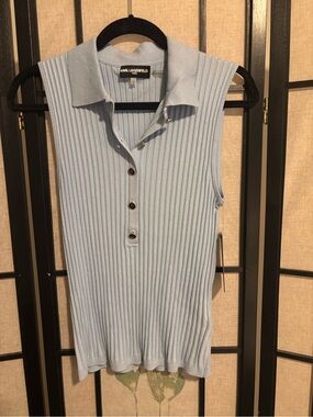 Karl Lagerfeld Light Blue Ribbed Sleeveless Polo Tank